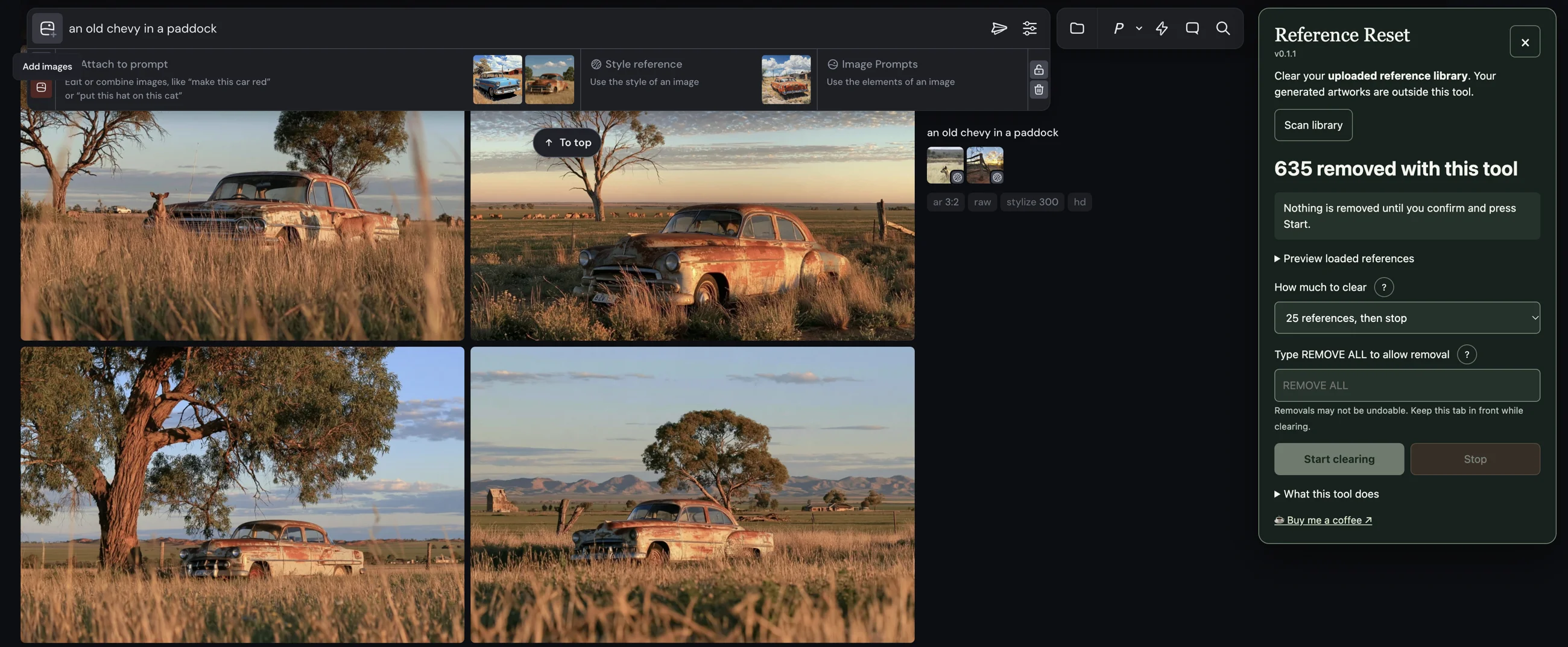The small image icon at the left of the Midjourney prompt, with its Add images tooltip visible