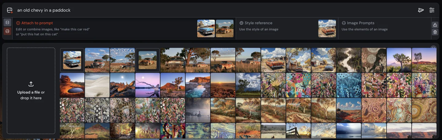 Midjourney uploads panel expanded below the prompt: upload tile at the left and reference thumbnails beside it