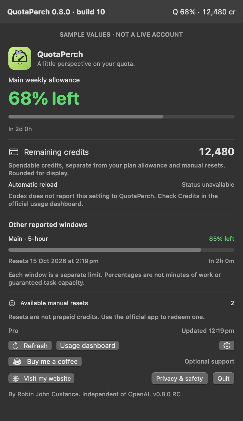 QuotaPerch 0.8.0 build 10 in dark appearance, showing sample quota and credits, Buy me a coffee and Visit my website buttons