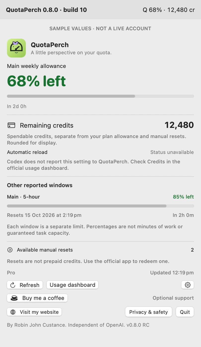 QuotaPerch 0.8.0 build 10 in light appearance, showing sample quota and credits, Buy me a coffee and Visit my website buttons