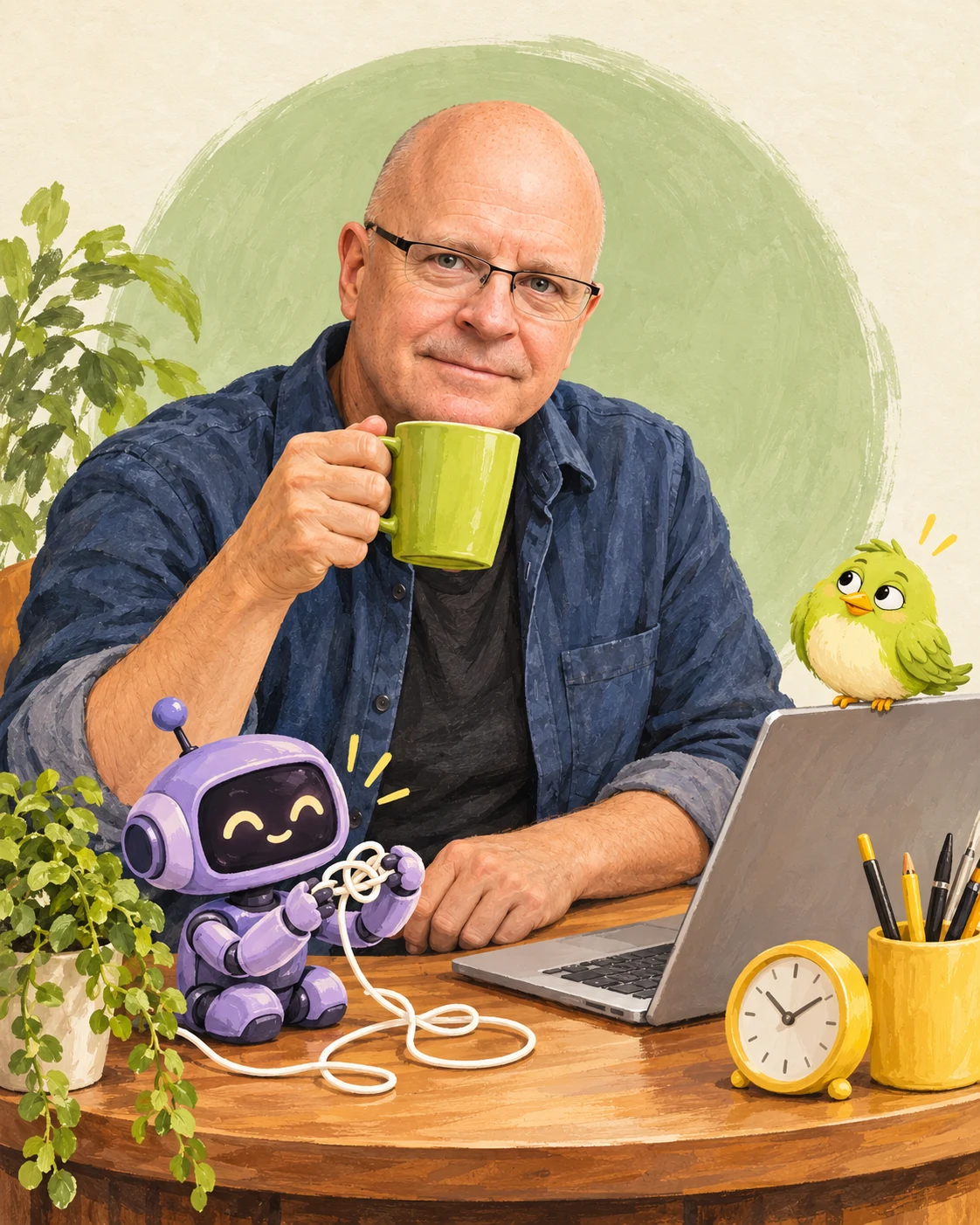 Rob enjoying a coffee while a tiny robot untangles cables and a green bird supervises