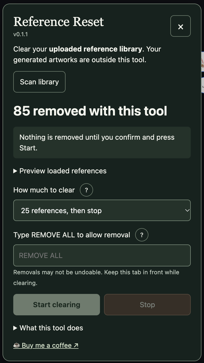 Reference Reset panel with Scan library, batch choices, confirmation, Start clearing and Stop